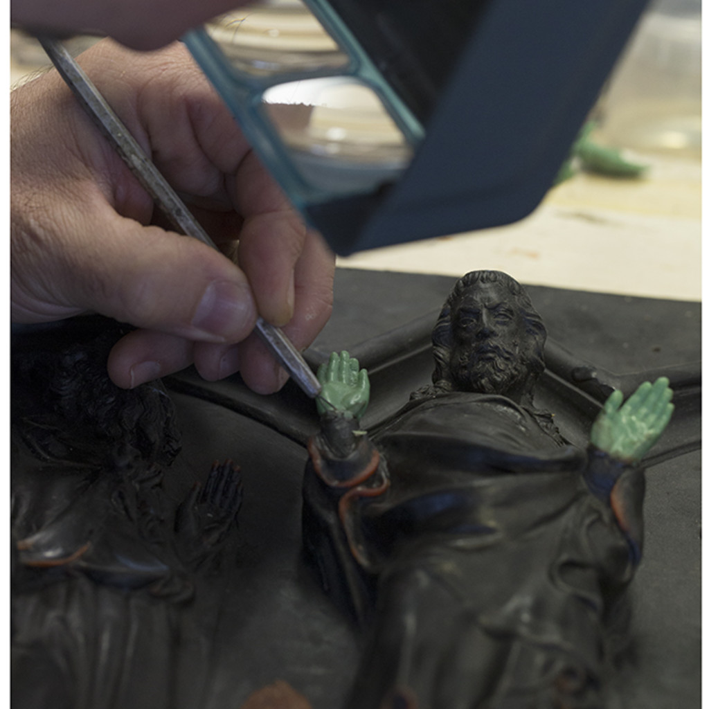 Detail of the wax retouching of the figure of Jesus from the Transfiguration panel replica of the North Door